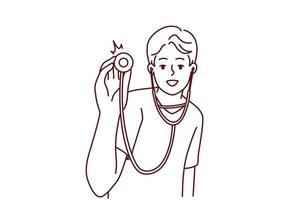 souriant Masculin médecin avec stéthoscope prêt à examiner patient dans hôpital. content homme thérapeute ou gp avec phonendoscope. vecteur illustration.