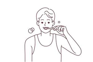 souriant Jeune homme brossage les dents avec brosse à dents dans Matin. content gars faire oral se soucier du quotidien routine dans salle de bains. bien habitude. vecteur illustration.