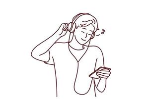 souriant Jeune homme dans écouteurs Ecoutez à la musique sur téléphone portable. content millénaire gars dans écouteurs prendre plaisir bien qualité du son sur téléphone intelligent. vecteur illustration.