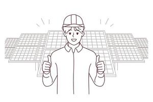 souriant Masculin ingénieur dans casque spectacle pouce posant près solaire panneaux. content homme ouvrier recommander bâtiment entreprise. vecteur illustration.