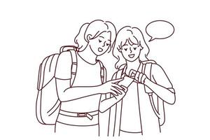 content les filles les voyageurs avec sacs à dos à la recherche à carte sur téléphone intelligent. souriant femelle touristes en utilisant téléphone portable GPS dans voyage. Voyage et technologie. vecteur illustration.