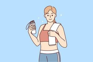 portrait de souriant tonique Jeune femme dans tenue de sport suivre en bonne santé mode de vie faire des sports. content sportif en forme fille spectacle bien figure après entraînement. vecteur illustration.