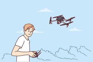 adolescent garçon lance quadcopter en utilisant éloigné contrôle et fait du aérien la photographie de drone. gars a loisir lancement miniature avion ou quadcopter avec éloigné opération vouloir à devenir opérateur vecteur