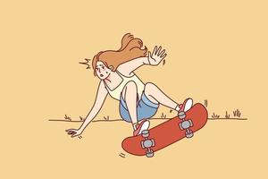 femme équitation patin chute dehors. fille avoir amusement départ sur rue chute de sport équipement. vecteur illustration.