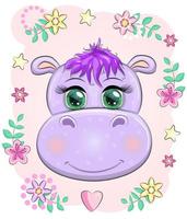mignonne hippopotame dessin animé avec magnifique yeux parmi fleurs, cœurs. impression tee-shirts, bébé vêtements mode conception, bébé douche invitation carte. vecteur