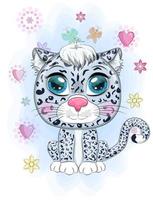 dessin animé neige léopard avec expressif yeux. sauvage animaux, personnage, puéril mignonne style. vecteur