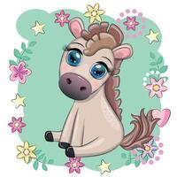 cheval de dessin animé mignon, poney pour carte avec fleurs, ballons, coeur vecteur