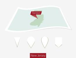 incurvé papier carte de Nouveau Jersey Etat avec Capitale Trenton sur gris Contexte. quatre différent carte épingle ensemble. vecteur