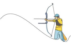 dessin en ligne continue d'un jeune archer professionnel se concentrant sur la cible de tir à l'arc. exercice de sport de tir à l'arc avec le concept d'arc. graphique d'illustration vectorielle de conception de dessin à une ligne à la mode vecteur