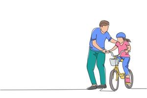 un seul dessin au trait jeune père enseignant à sa fille à faire du vélo à l'illustration vectorielle graphique du parc public. leçon de paternité. concept de temps familial urbain. conception de dessin de ligne continue moderne vecteur