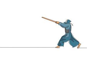 un seul dessin au trait homme énergique exercice compétence d'attaque sur le jeu de kendo avec épée en bois à l'illustration vectorielle graphique du centre de gym. concept de sport de combat combatif. conception moderne de dessin en ligne continue vecteur