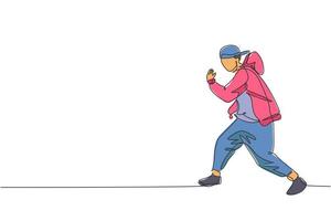 un dessin au trait continu d'un jeune homme danseur sportif avec survêtement montre un style de danse hip hop dans la rue. concept de sport de style de vie urbain. illustration vectorielle de dessin dynamique à une seule ligne vecteur