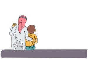 dessin continu d'une ligne du jeune papa arabe et de son fils parlant et assis ensemble. heureux concept de famille parentale musulmane islamique. illustration vectorielle de conception graphique à une seule ligne dynamique vecteur