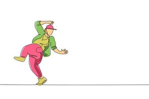 une seule ligne dessinant un jeune danseur de rue moderne avec un survêtement exécutant une danse hip hop sur l'illustration graphique vectorielle de la scène. concept de mode de vie de génération urbaine. conception de dessin en ligne continue vecteur