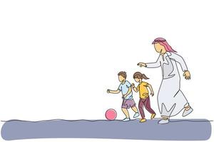 dessin au trait continu unique d'un jeune papa arabe courant et jouant au football avec son fils et sa fille. concept de paternité de famille heureuse musulmane islamique. une ligne dessiner illustration vectorielle de conception vecteur