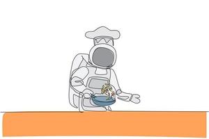 un seul dessin au trait du jeune chef astronaute préparant une cuisine saine pour un resto de café à l'aide d'une illustration vectorielle de poêle à frire. délicieux concept de plat de galaxie spatiale. conception de dessin de ligne continue moderne vecteur