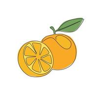 dessin d'une seule ligne continue d'orange biologique saine en tranches et entières pour l'identité du logo du verger. concept de fruits frais d'été pour l'icône de jus de fruits. Une ligne moderne dessiner illustration vectorielle de conception vecteur