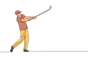 un dessin au trait unique d'un jeune joueur de golf sportif a frappé la balle à l'aide d'une illustration graphique vectorielle de club de golf. concept de sport sain. conception de dessin en ligne continue moderne pour affiche de tournoi de golf vecteur