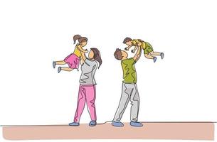 un seul dessin d'une jeune mère et d'un père élevant leur fils et leur fille en l'air à la maison illustration vectorielle. concept de parentalité familiale heureuse. conception de dessin de ligne continue moderne vecteur