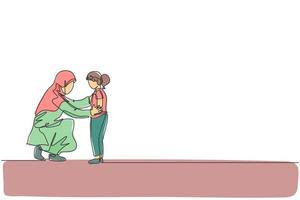 une seule ligne dessinant une jeune mère arabe parlant, donnant de bons conseils à sa fille illustration vectorielle. heureux concept parental de famille musulmane islamique. conception de dessin graphique en ligne continue moderne vecteur