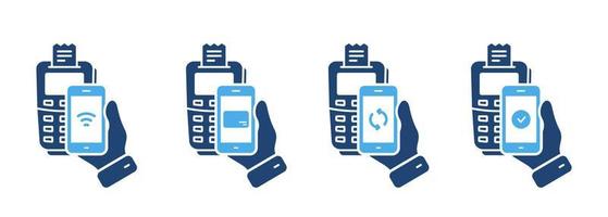 processus de paiement sur le terminal par jeu d'icônes de silhouette de téléphone portable. pictogramme de traitement bancaire pos et smartphone. vérifier l'icône de la technologie nfc de transaction de paiement sans numéraire. illustration vectorielle isolée. vecteur