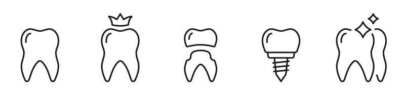 dentaire implant ligne icône ensemble. dentier technologie. dentaire implantation traitement. dent se soucier, vernis restauration pictogramme. dentisterie contour symbole. modifiable accident vasculaire cérébral. isolé vecteur illustration.