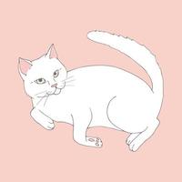 mignonne blanc chat posant sur pastel rose Contexte. main tiré chat. esquisser. vecteur art