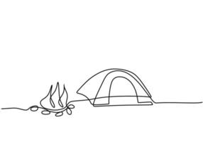 dessin au trait continu d'une tente solitaire dans les montagnes avec feu de camp isolé sur fond blanc. caravane de voiture, remorque de voyage, camping-car, concept de remorque de camping-car. style minimaliste. vecteur
