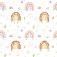 sans couture modèle avec dessiné à la main mignonne boho arcs en ciel dans pastel couleurs et avec texturale touche.grand pour enfants textile, fond d'écran, bébé vêtements. dessin animé vecteur illustration sur une blanc Contexte