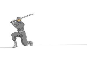 un dessin en ligne continu d'un jeune personnage ninja japonais courageux sur un costume noir avec une position d'attaque. concept de combat d'art martial. illustration graphique vectorielle de conception de dessin à une seule ligne dynamique vecteur