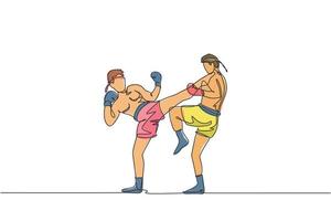 un seul dessin au trait de deux jeunes combattants muay thai énergiques s'entraînent au duel à l'illustration vectorielle du centre de remise en forme de gym. concept de sport combatif de boxe thaïlandaise. conception moderne de dessin en ligne continue vecteur