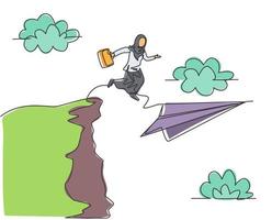 dessin d'une seule ligne continue jeune femme d'affaires arabe sautant sur un avion en papier volant du haut de la falaise. concept de métaphore de minimalisme. Une ligne dynamique dessiner illustration vectorielle de conception graphique vecteur