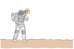 dessin d'une seule ligne continue jeune astronaute tenant un mégaphone et parlant fort au public à la surface de la lune. concept d'espace extra-atmosphérique de cosmonaute. Une ligne à la mode dessiner illustration vectorielle de conception graphique vecteur