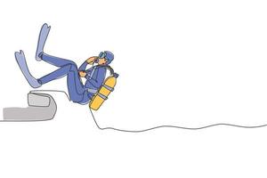 une ligne continue dessinant un jeune homme sportif sauter dans l'océan depuis un bateau à moteur pour faire de la plongée sous-marine. concept de sports nautiques sains. illustration graphique vectorielle de conception de dessin à une seule ligne dynamique vecteur