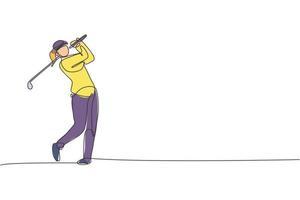 dessin en ligne continue d'un jeune joueur de golf heureux balancer le club de golf pour frapper la balle. concept de sport passe-temps. illustration vectorielle de dessin à la mode à une ligne pour les médias de promotion de tournoi de golf vecteur