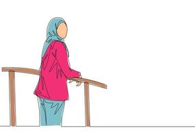 un Célibataire ligne dessin de Jeune content muslimah portant tête écharpe et permanent à clôture. magnifique asiatique femme modèle dans branché hijab mode concept continu ligne dessiner conception vecteur illustration