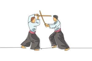 dessin au trait continu unique de deux hommes sportifs portant un kimono pratique la technique de combat d'entraînement d'aikido avec une épée en bois. concept d'art martial japonais. une ligne dessiner illustration vectorielle de conception vecteur