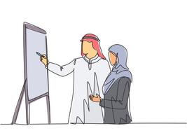 dessin au trait continu unique d'un jeune directeur musulman fait une présentation pour expliquer le travail du nouvel assistant. tissu arabe moyen-orient shmagh, kandura, thawb, robe. une ligne dessiner illustration vectorielle de conception vecteur