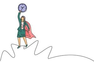 dessin continu d'une jeune femme travailleuse avec une aile volant vers le ciel pour atteindre l'horloge analogique. concept de date limite d'entreprise de métaphore de minimalisme. illustration graphique de vecteur de conception de dessin à une seule ligne.
