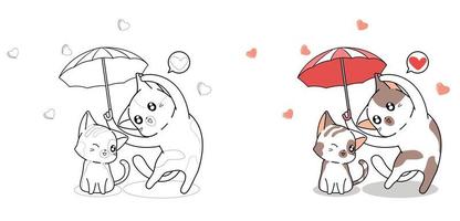 couple mignon chat avec parapluie d'amour dessin animé coloriage vecteur
