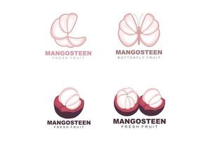 logo de mangoustan, illustration de chair de mangoustan, reine des fruits riches en vitamines, conception de modèle d'étiquette vectorielle de logo de fruits vecteur