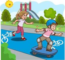 les enfants cyclisme et faire de la planche à roulettes le bicyclette chemin dessin animé vecteur