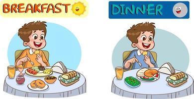 les enfants ayant petit déjeuner et dîner dessin animé vecteur