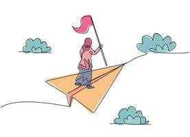 dessin d'une seule ligne d'une jeune femme d'affaires arabe tenant un drapeau sur un avion en papier volant. Défi commercial. concept de métaphore minimale. illustration vectorielle graphique de conception de ligne continue moderne vecteur