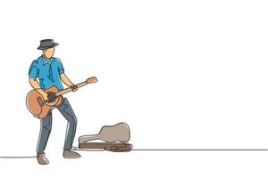 un dessin au trait continu d'un jeune guitariste masculin heureux debout et jouant de la guitare sur la route de la ville. Musicien de rue concept performance artiste ligne unique dessiner design vector illustration