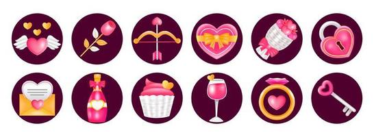 content Valentin. 3d ico flèches, cœurs, vin, clés, des lettres, anneaux, Gâteaux et fleurs vecteur