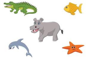 dessin animé mer animaux ensemble, mignonne marrant alligator, poisson, hippopotame, dauphin et étoile de mer vecteur plat.