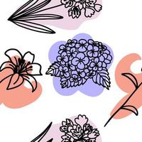 fleurs avec motif harmonieux de pinceau coloré dans un style de dessin animé plat doodle. fond d'écran sans soudure de vecteur avec un fond blanc.