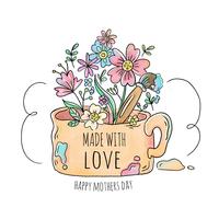 Mignonne vieille tasse avec des fleurs, des feuilles et un pinceau à la fête des mères vecteur