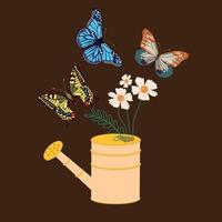 mignonne jardin arrosage pouvez avec fleurs et papillons sur une foncé Contexte. main tiré printemps imprimer, carte postale, affiche. vecteur